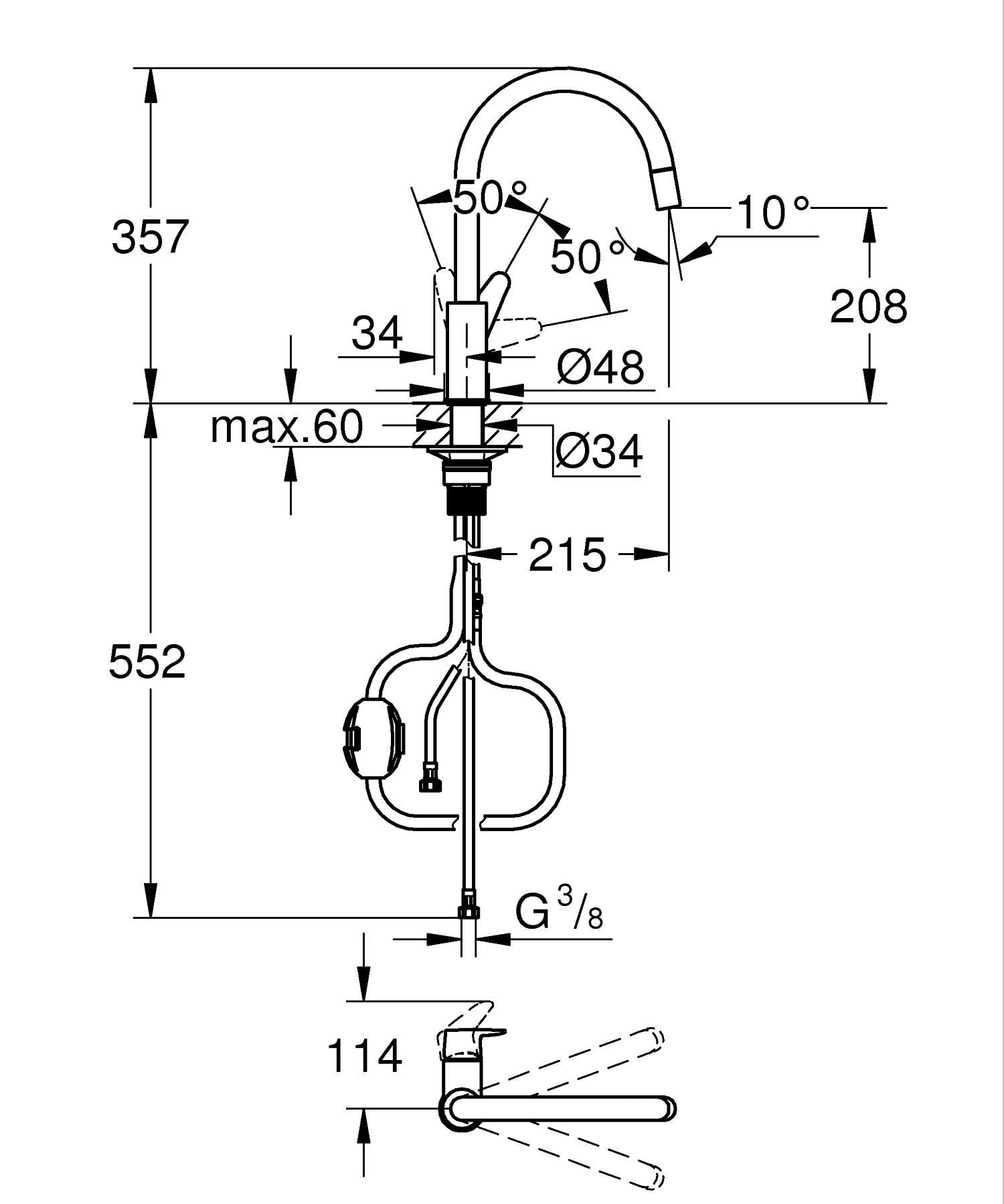 GROHE Start Curve Robinet de Cuisine, Mitigeur Monocommande Evier, Mousseur Extractible, Bec Haut, Zone de Rotation 360°, Chromé, 30562000