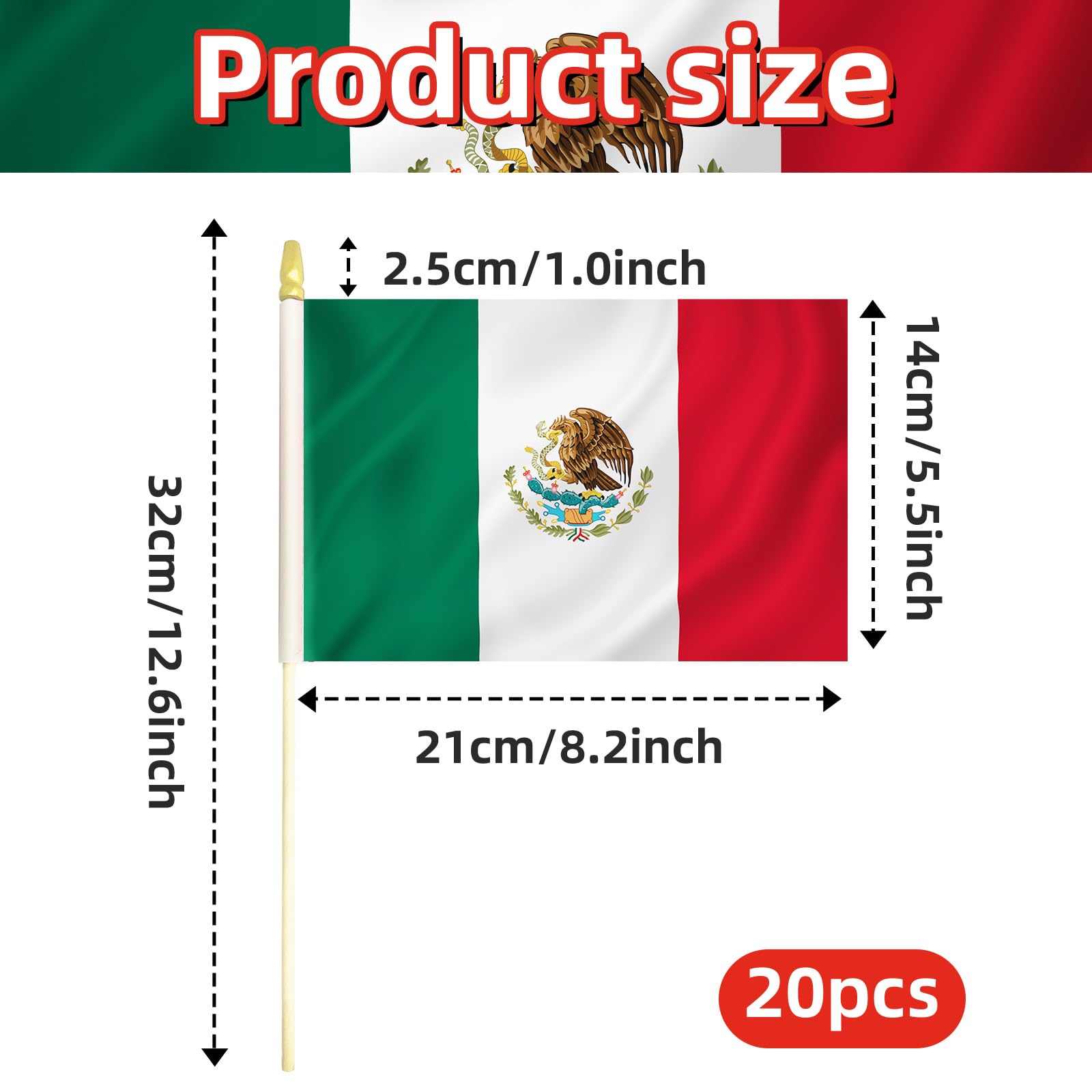Paquete de 20 banderas mexicanas de mano de 5 x 8 pulgadas, pequeñas banderas de México en palos de madera con parte superior de lanza dorada, mini bandera mexicana para el Cinco de Mayo, Día de la