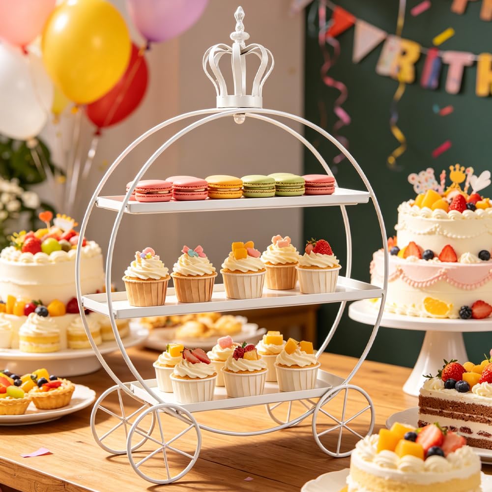 Présentoir à Cupcakes à 3 Étages, Présentoir à Desserts en Fer Forgé en Forme de Couronne, Plateau de Service Métallique à Étages pour Cupcakes, Beignets, Fruits et Biscuits(Blanc)