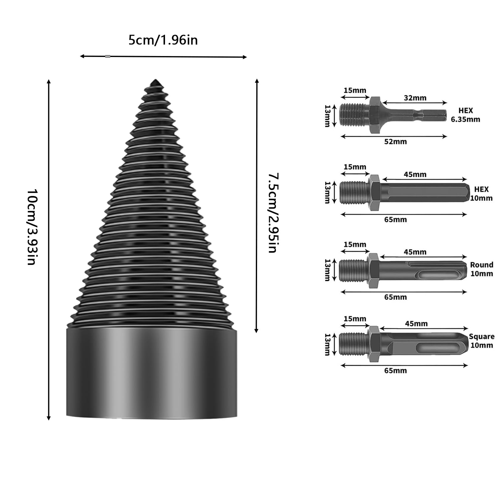 Broca Divisora de Leña, 50 mm Taladro Divisor de Leña con 4 Mangos, Broca para dividir troncos de leña extraíble, cortador de cono, para Martillo Eléctrico, Taladro de Impacto