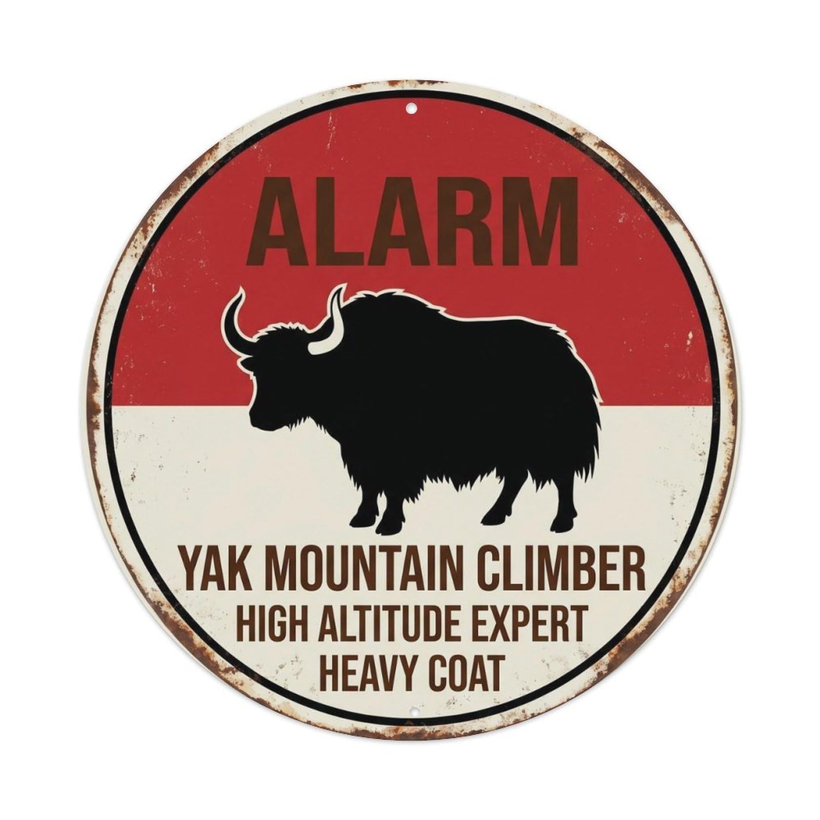 Retro Yak Mountain Climber Animal Hazard Alert Cartoon Metal Tin Sign Plaque Wall Decor for Cafe, Man Cave, Club Bar, Office, Home Garden Round Metal Poster 8x8Inch