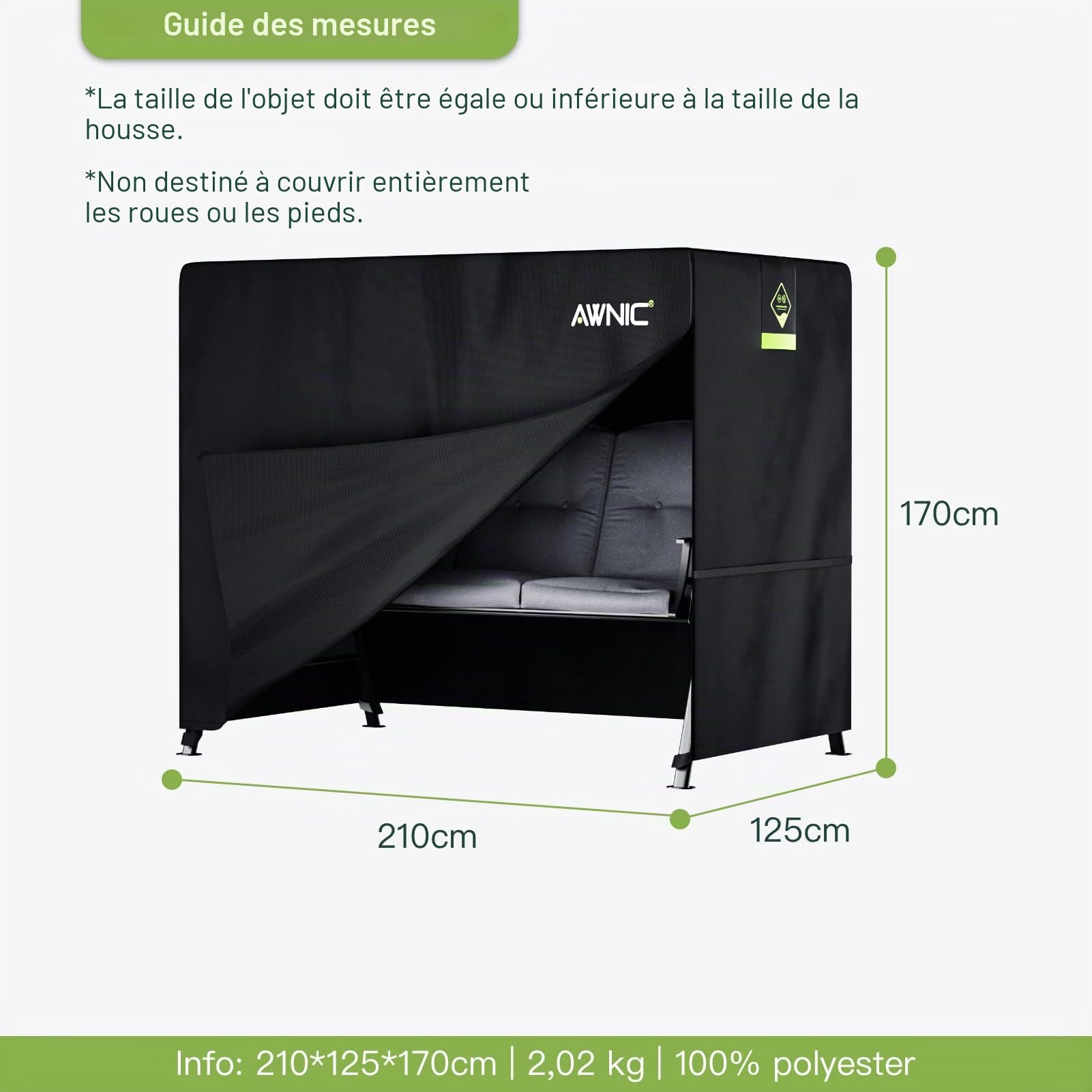 Awnic Bâche de Protection pour balancelle hollywoodienne 3 Places étanche et résistante aux intempéries pour terrasse avec Cordon de Serrage 420D 210 x 125 x 170 cm