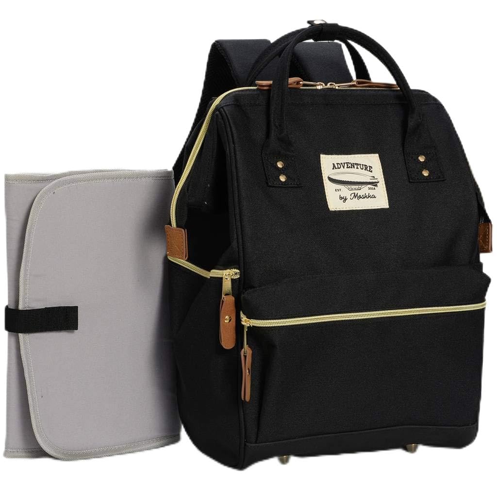 Wide Open Designer Baby Diaper Backpack By Moskka – Travel Bag, Nappy Tote Bag w/ Stroller Straps, Changing Pad & Insulated Pocket For Mom & Dad – Black