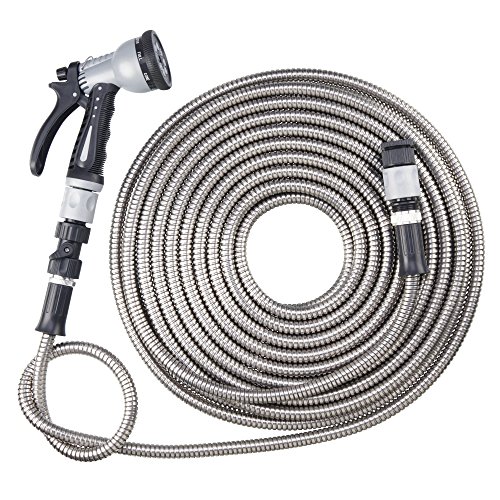 Garden Gear Easy Hose Stainless Steel Garden Water Hosepipe Rust Proof & Tangle Free with Hand Held Spray Nozzle (50ft)