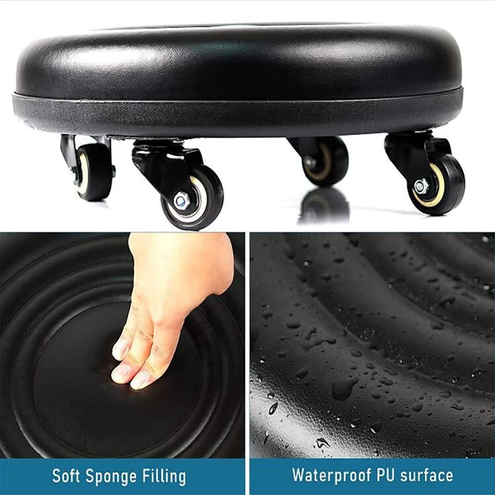 Ronde Rolling Kruk Laag Naar Grond Roller Seat Met 5 Universele Swivel Caster Wielen voor Thuiskantoor of Fitness Sport of Garage Winkel PU Lederen Hoge Dichtheid Kussen Bruin