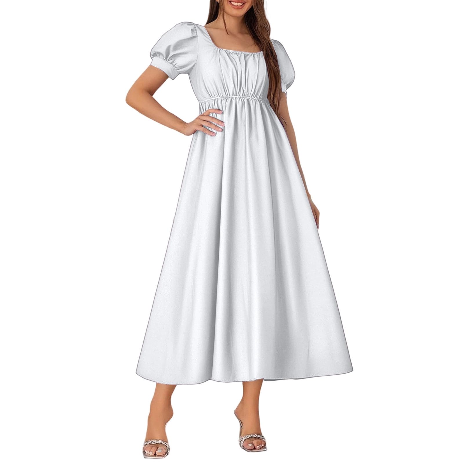 Women Medieval Victorian High Waist Retro Regency Dresswomen'S Satin Ruffled Puff Sleeve Waist Dress Victorian Tea Party Gown with Ribbon Tie Ideal for Costume Parties Halloween White — image 1