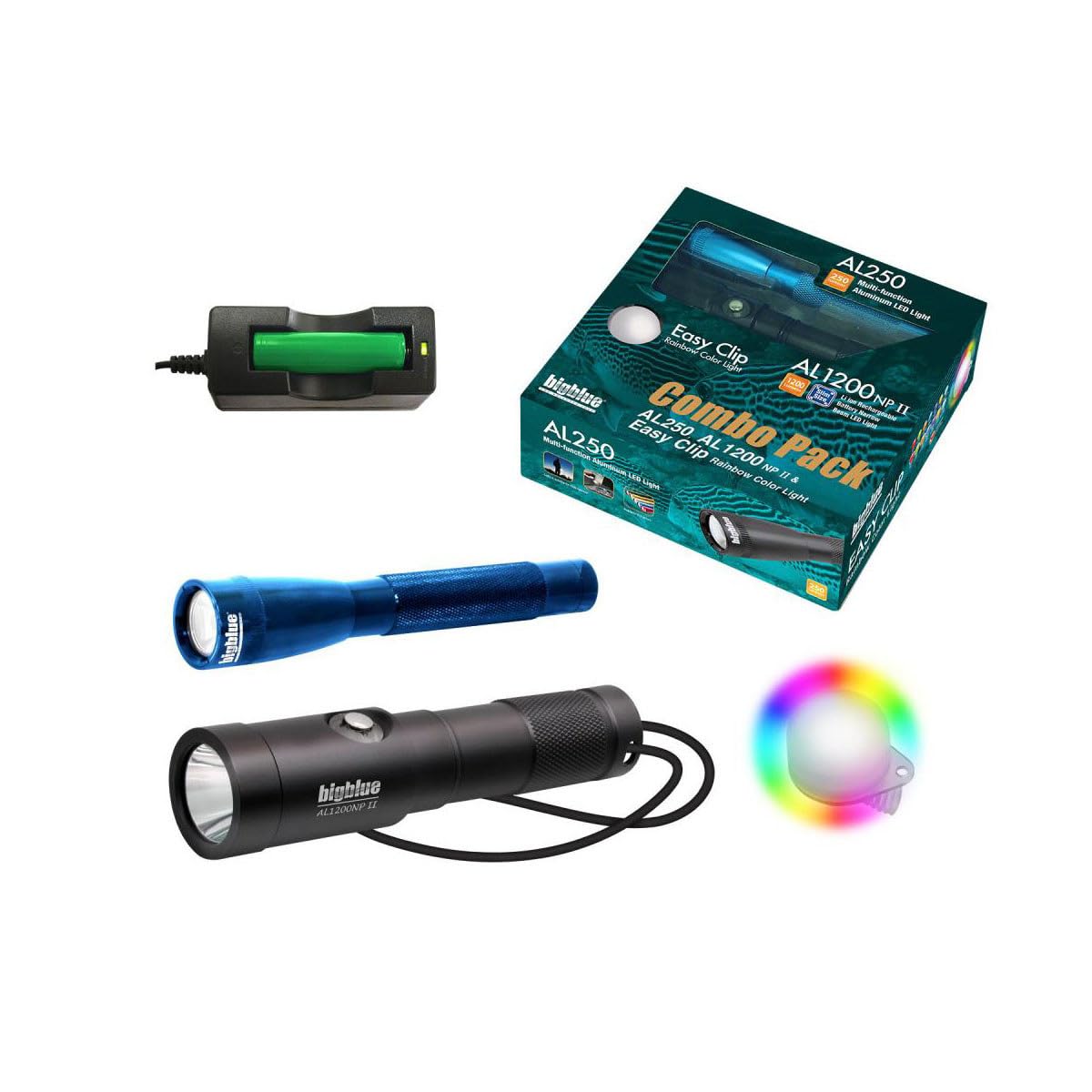 Bigblue AL1300NP and AL250 Dive Light Combo Pack with 8-Color Easy Clip - Blue