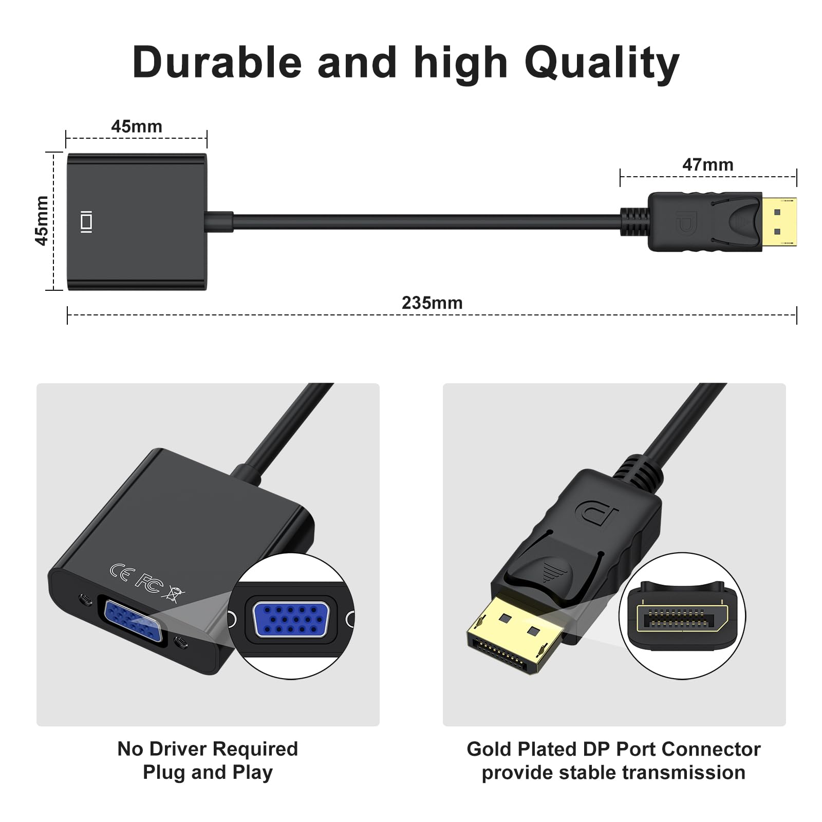 YLK Adaptateur DisplayPort vers VGA 1080P (Mâle vers Femelle) Compatible avec Lenovo, Dell, HP, ASUS, PC, Screen, Projector (Noir)