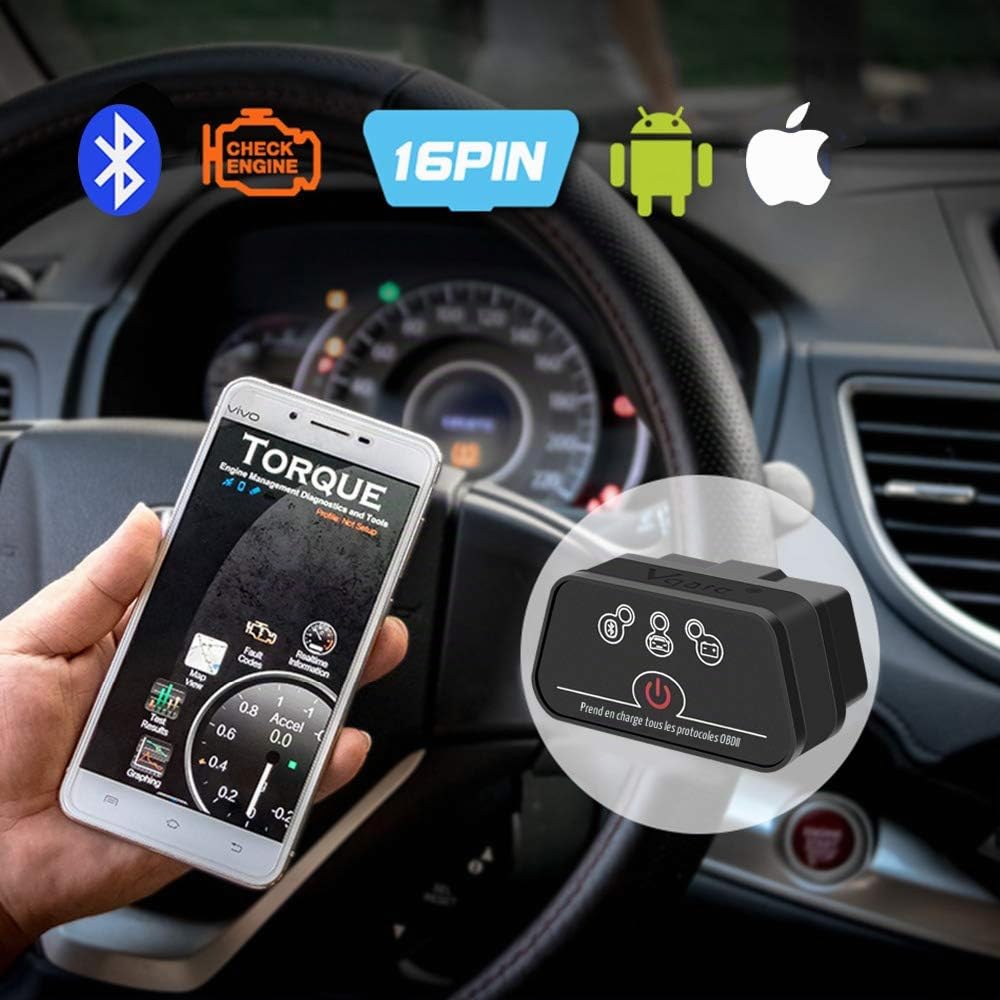 vgate OBD Bluetooth, icar 2 BLE4.0 OBD2 Adapter Outils de Diagnostic Lecteur de Code de Voiture pour iOS, Android et Windows (Noir)