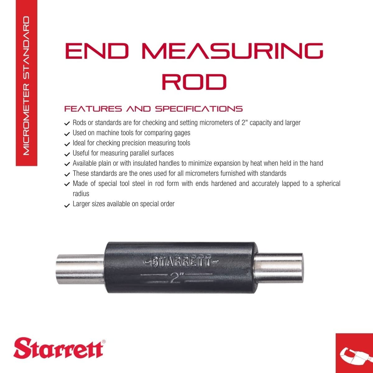 Starrett End Measuring Rod with Insulated Handle and Spherical Ends for Comparing Gages and Measuring Parallel Surfaces - 1/4" Diameter, 2" Length - 234A-2