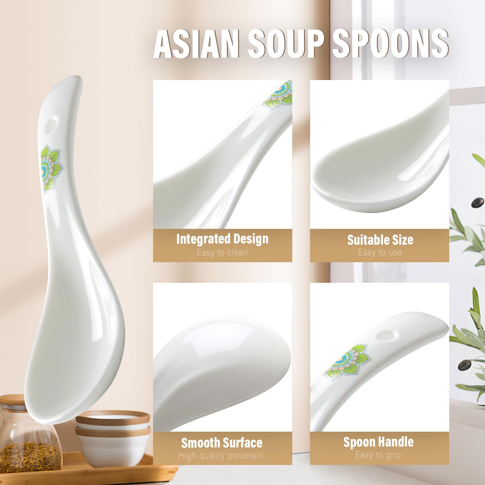 Suppenlöffel, 14 cm, asiatische Suppenlöffel, Keramik, chinesische Suppenlöffel, weiße Keramik, Dessertlöffel, Reislöffel für Ramen, Pho Wonton, Knödel, Miso, spülmaschinen- und ofenfest, 6
