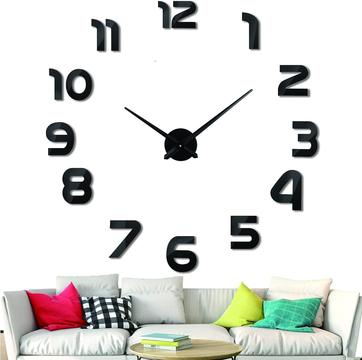Lizbin Frameless DIY Wall Clock, Large 3D DIY Wall Clock, Modern 3D Wall Clock Decor Sticker Frameless Wall Clocks, Big Wall Clock Wall Stickers for Home Living Room Office Wall Decorations (Black)
