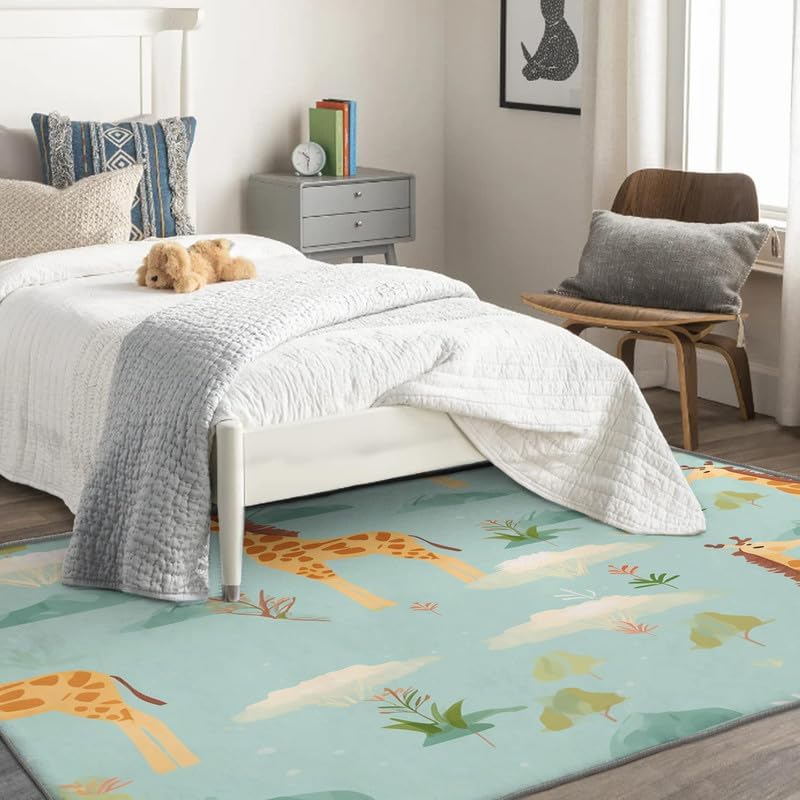 Miniatura 2 de Alfombras lavables para sala de estar, dormitorio, alfombra de jirafa y decoración del hogar, alfombra de área de animales para niños de 4 x 5 pies,