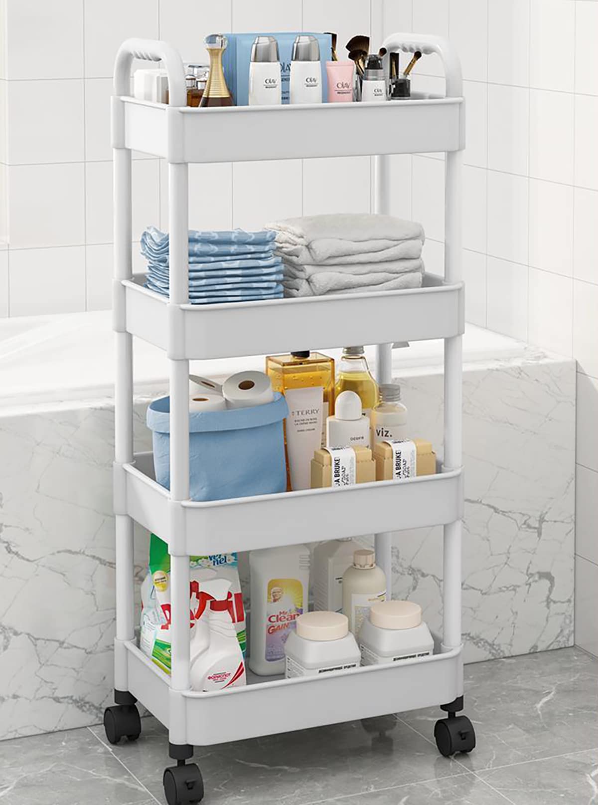 QIAODIRENMovable Vertical Shelf, Gray Roller Vertical Shelf, Multi-Layer Storage Rack for Kitchen, Restaurant, Bathroom and Narrow Space (4-layer-bigger)