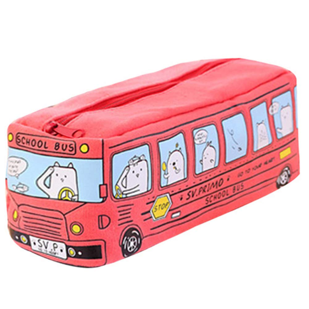 Hotaden Canvas Fabric Kids Cats School Bus Pencil Case Bag Office Stationery Bag