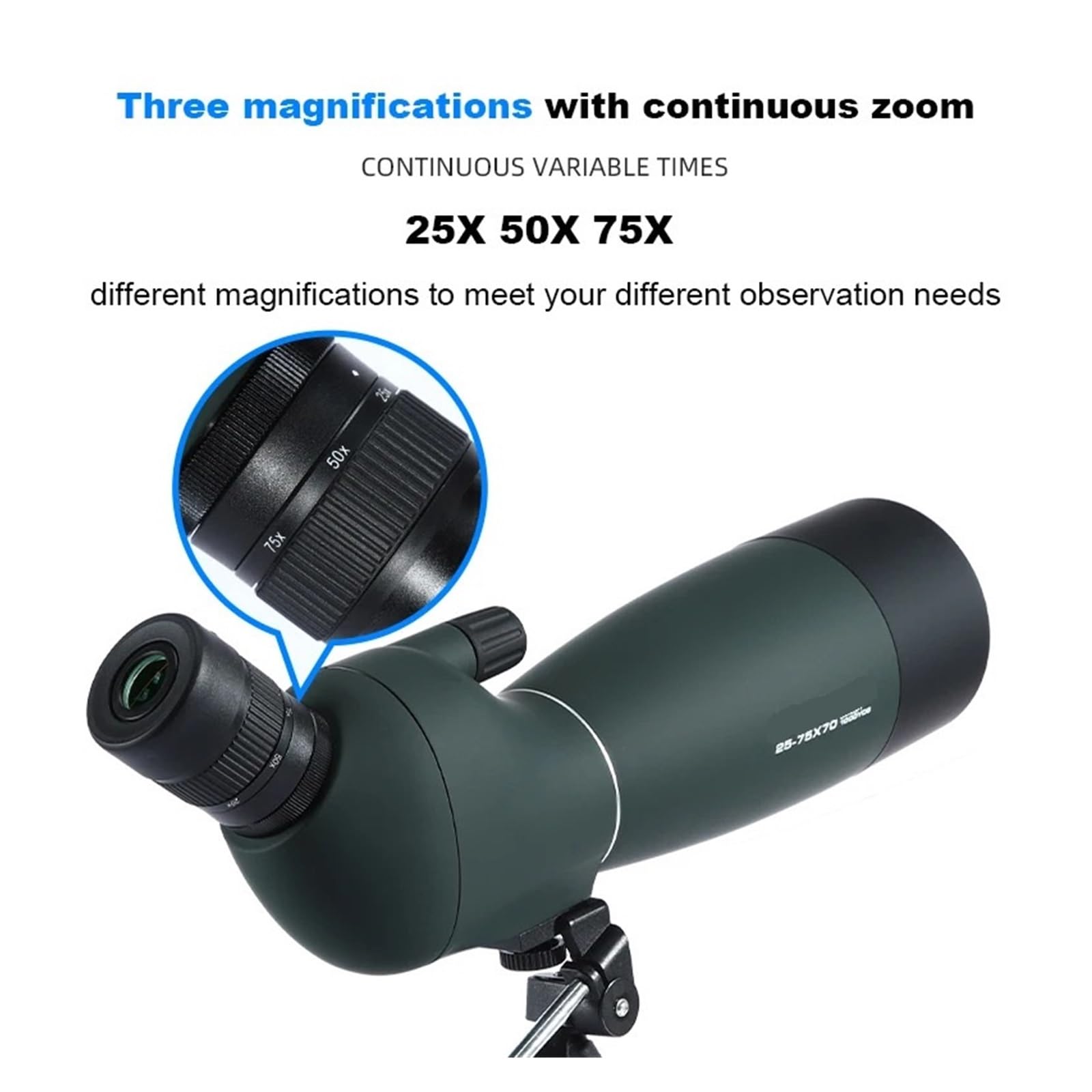 25-75x70 Zoom HD Monokularowy Luneta FMC Wodoodporny Teleskop Ze Statywem Do Strzelania Birding Camping Polowanie Zakres Optyki Mocny Okular I PowięKszenie(GreenWithTripod clip)