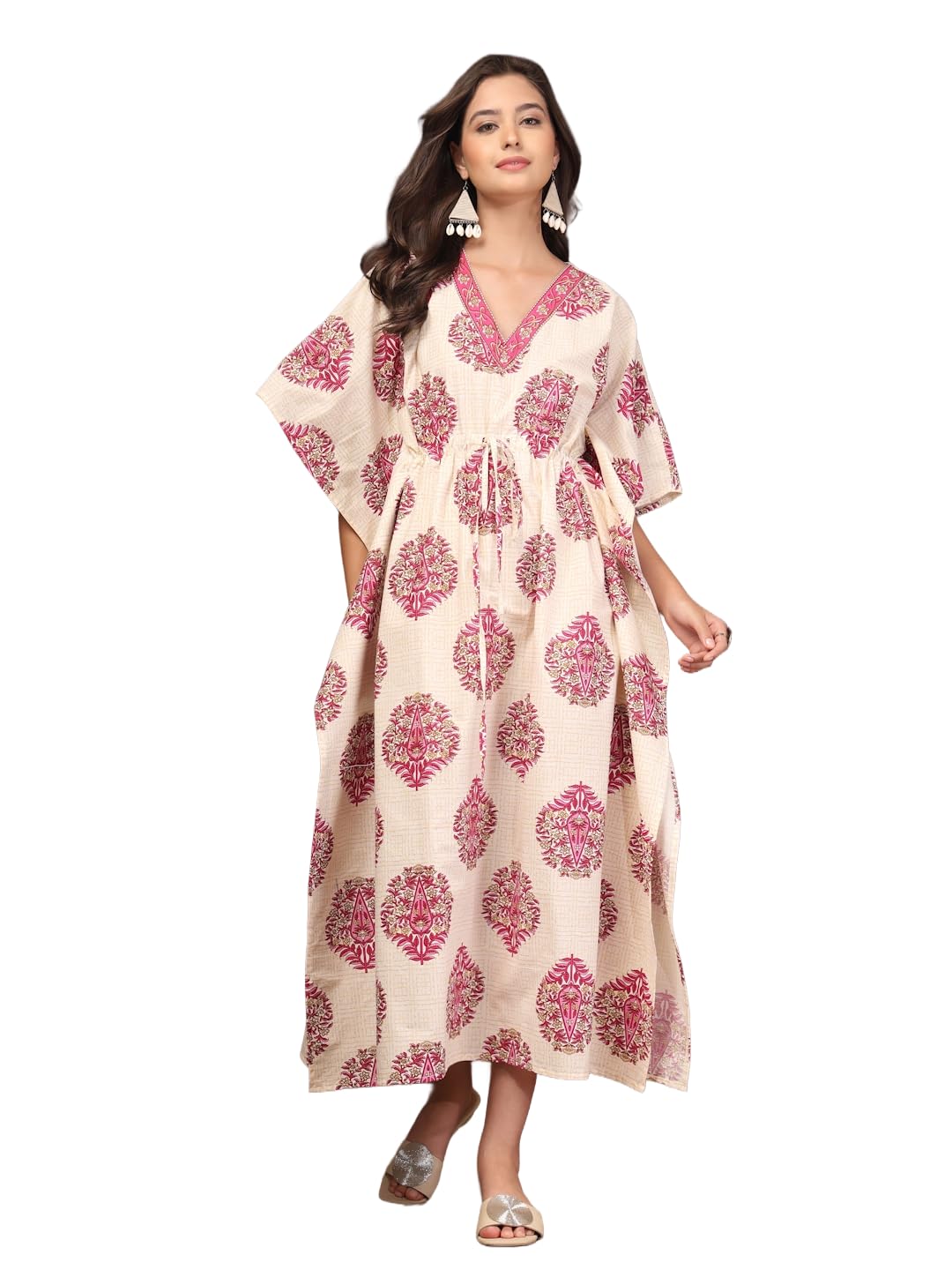 Cotton Floral Block Print Kaftan for Women, Cream and Pink, V-Neck, Batwing Sleeve, Maxi Length, Drawstring Waist-image-21