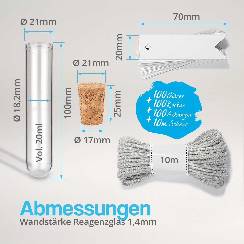 Tuuters 100 Kunststoff Reagenzglas mit Korken, Schnur, Etikett Anhänger Reagenzgläser für DIY, Gewürze Blumen-Samen (100x21mm)