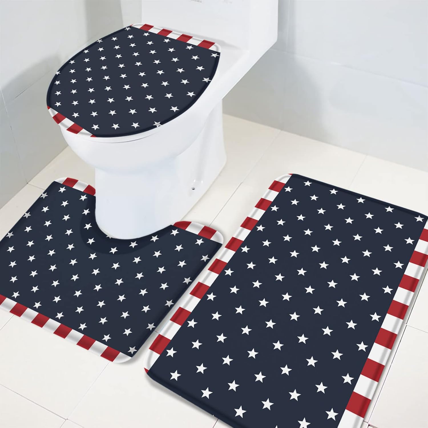 Savannan Bathroom Rug, Independence Day Patriotic American Flag Pentagram Freedom Country Absorbent Soft Anti-Slip Bath Mats & U-Shaped Toilet Mat & Lid Cover, 3 Piece Set