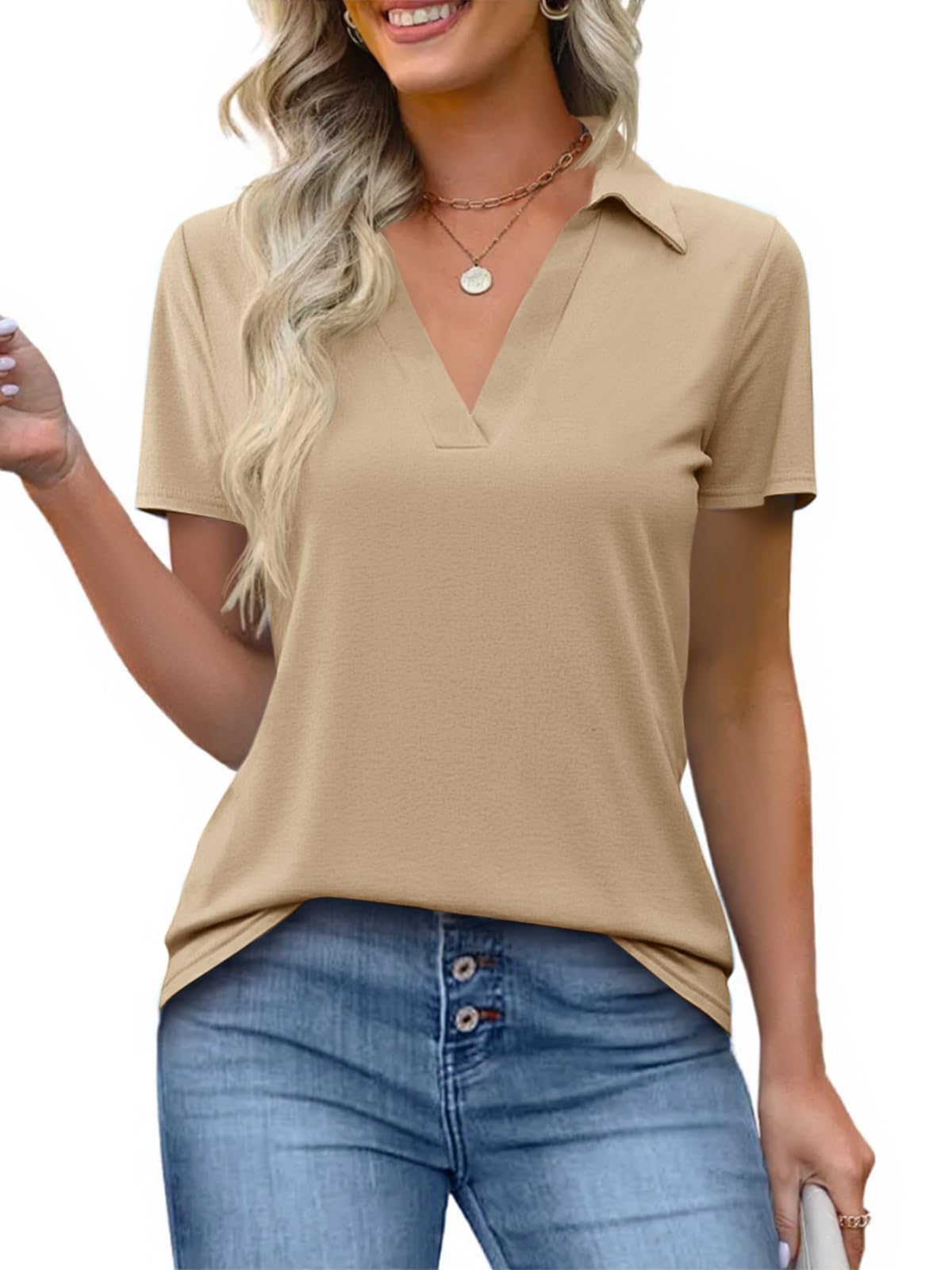 Imily Bela Womens Short Sleeve Polo Shirts V Neck Business Dressy Casual Tops Summer Collared Trendy Tees