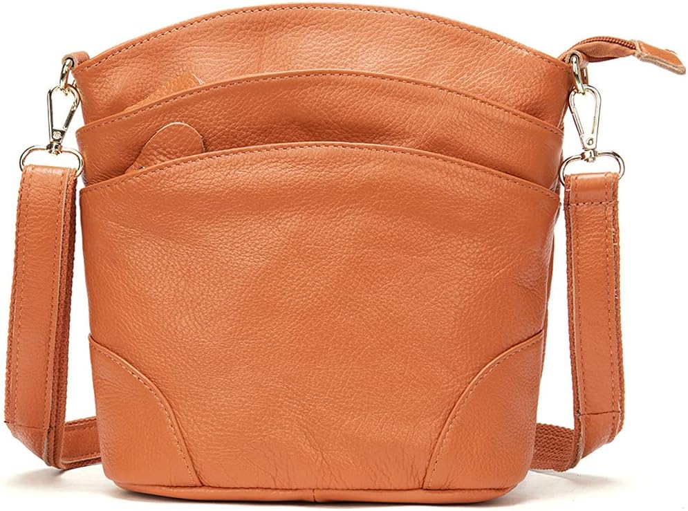 Shoulder Bag for Women Genuine Leather Crossbody Purse Triple Pockets Bucket Bag Retro Phone Pocketbooks