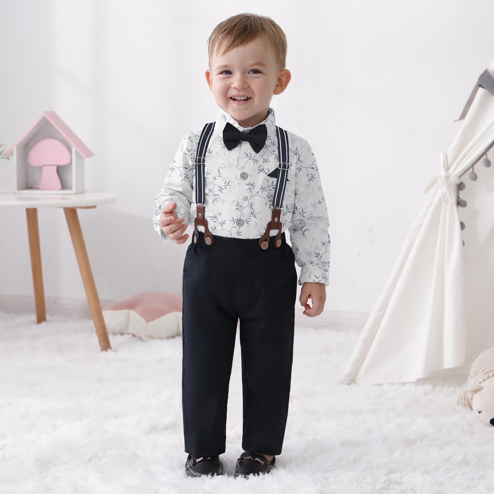 nilikastta Traje para niño pequeño, camisa de vestir con pajarita/pantalones de tirantes, trajes de boda para caballero de 1 a 10 años