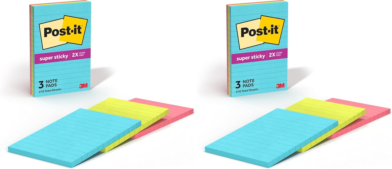 Post-it Super Sticky Lined Notes, 3 Sticky Note Pads, 4 x 6 in., School Supplies for Students, Ideal for Textbooks, Notebooks, Walls and Vertical Surfaces, Supernova Neons Collection (Pack of 2)
