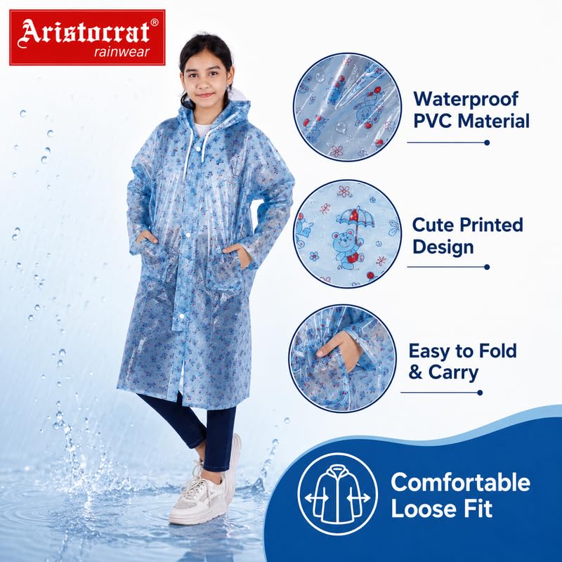 Image of Aristocrat Kids Humpty Dumpty Waterproof Raincoat with Hood | Knee Length Rainwear for Boys & Girls | Regular Fit Rain Jacket with Two Front Pockets | All-Weather Protection Rainwear