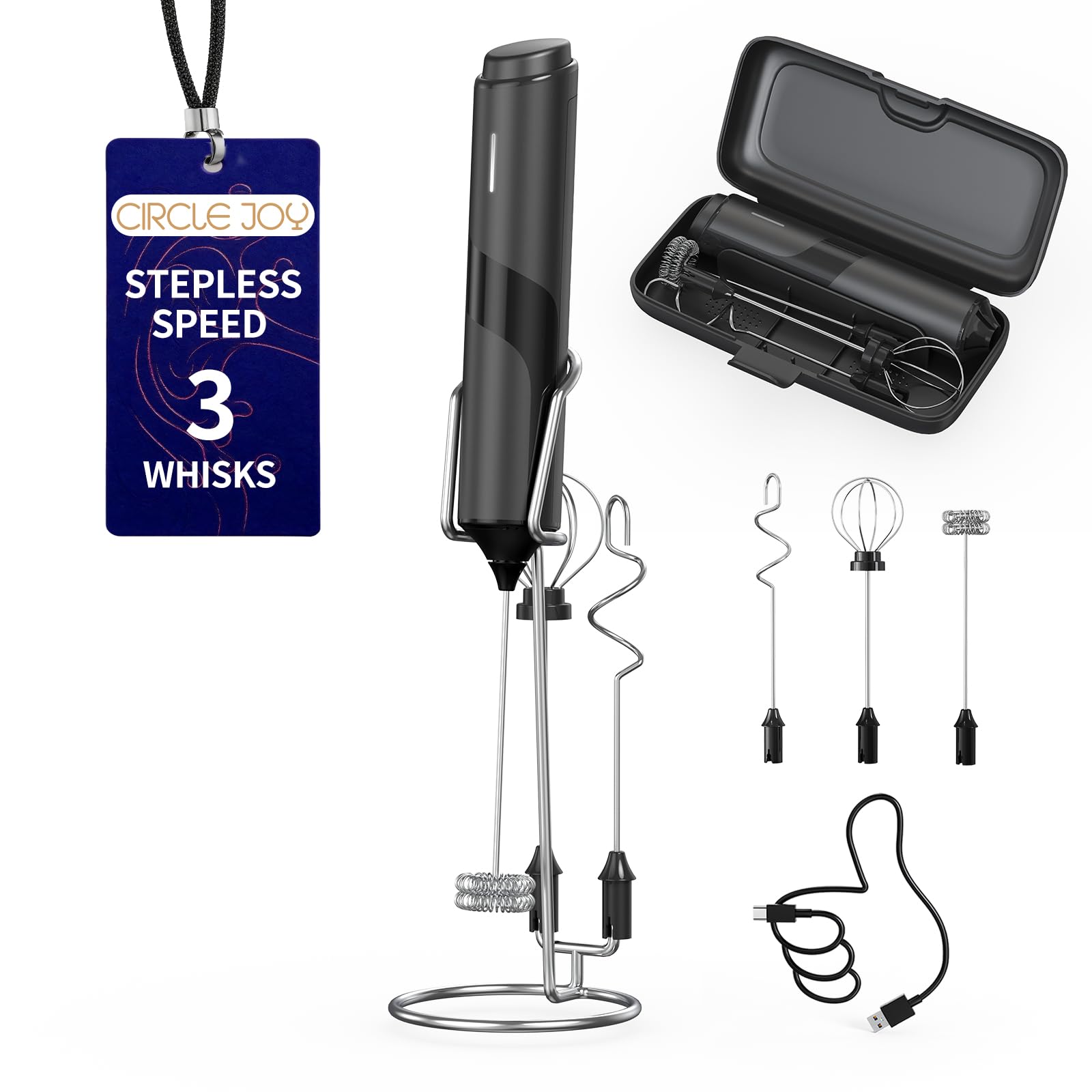 CIRCLE JOY Electric Milk Frother with Variable Speed &amp; 3 Detachable Whisks