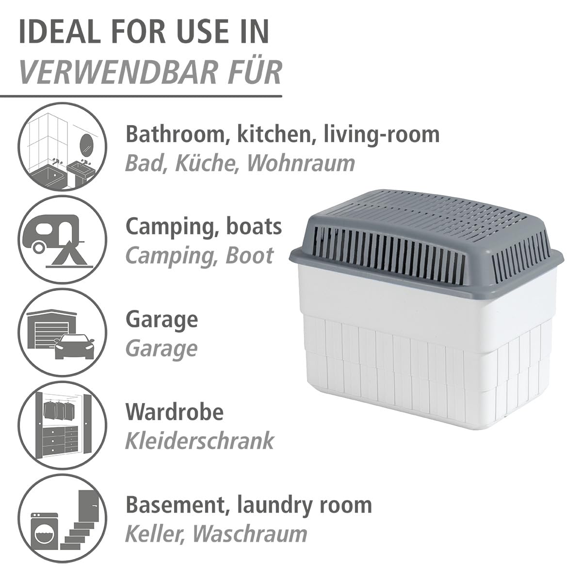 WENKO Déshumidificateur Cube 500 g, pour pièces jusqu'à 40 m³, elimine l' humidité, anti moississure, sans électricité, silencieux, rechargeable, blanc