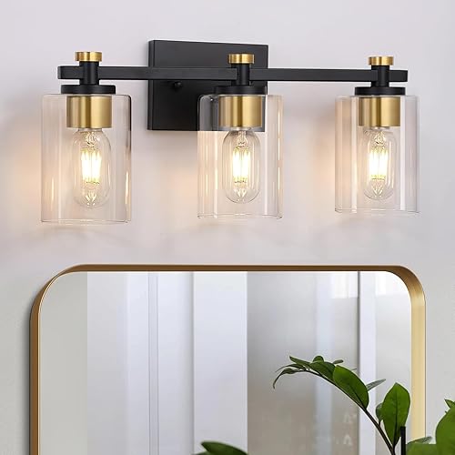 Miniatura 8 de Lámpara de baño de 4 luces, lámpara de tocador de baño negra y dorada con pantalla de vidrio transparente, luces de baño modernas sobre espejo de