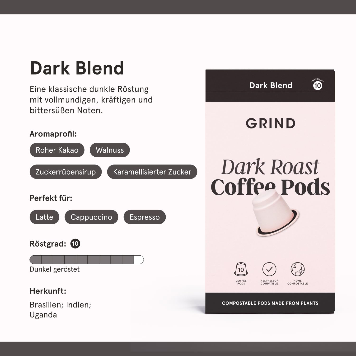 Grind Dark Kaffeekapseln – 100 bioabbaubare Kapseln – 100% Arabica – Kompatibel mit Nespresso® Original – Ethisch einwandfreie Herkunft – Spezialitätenkaffee – Dunkle Röstung