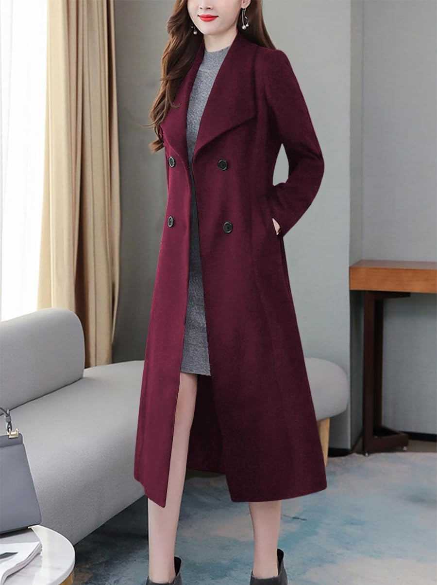 ebossy Women's Shawl Collar Double Breasted Below Knee Slim Wool Trench Long Coat - Image 2