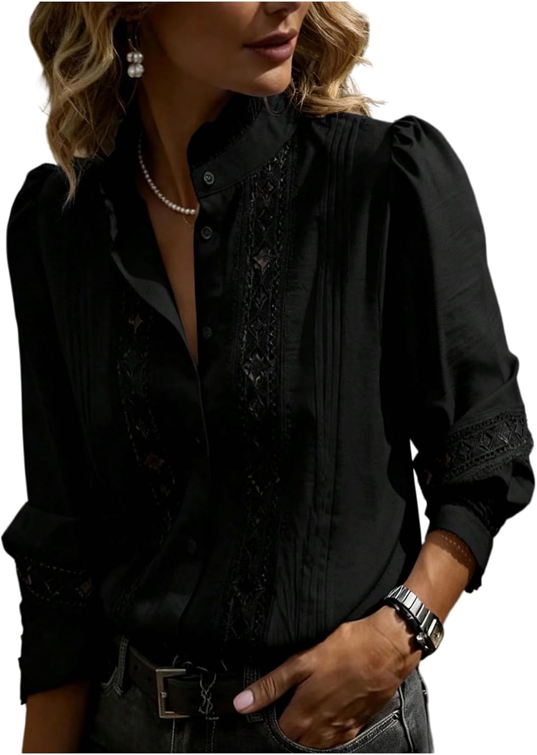 GORGLITTER Women's Lace Button Up Shirt Office Eyelet Embroidered Long Sleeve Shirts Dressy Casual Work Blouse