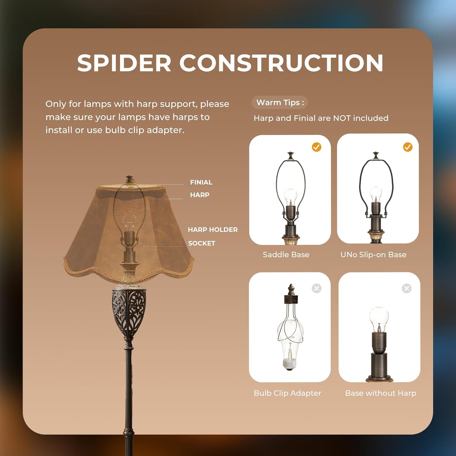 Faux Leather Lamp Shades Set of 2, Scalloped Small Bell Lamp Shape for Table Lamps,Floor Lamps, 6" Top x12" Bottom x 8.5" Height, Rustic Hand Crafted Spider Lamp Shade,Top Round, Bottom Wave
