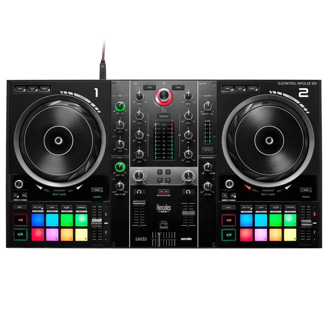 Hercules DJControl Inpulse 500 2-Deck DJ Controller Set + keepdrum Laptopständer Silberfarben