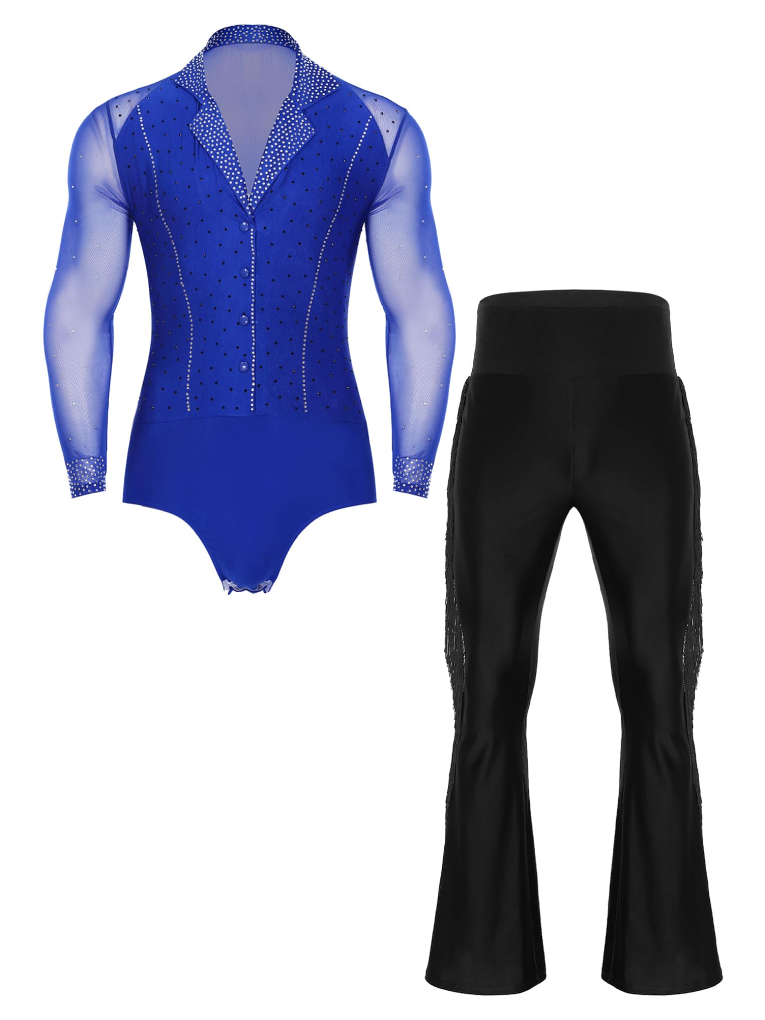 Oyolan Ensemble de Patinage Artistique Homme Justaucorps Patinage sur Glace Strass Manches Longues Pantalon Frangé Costume