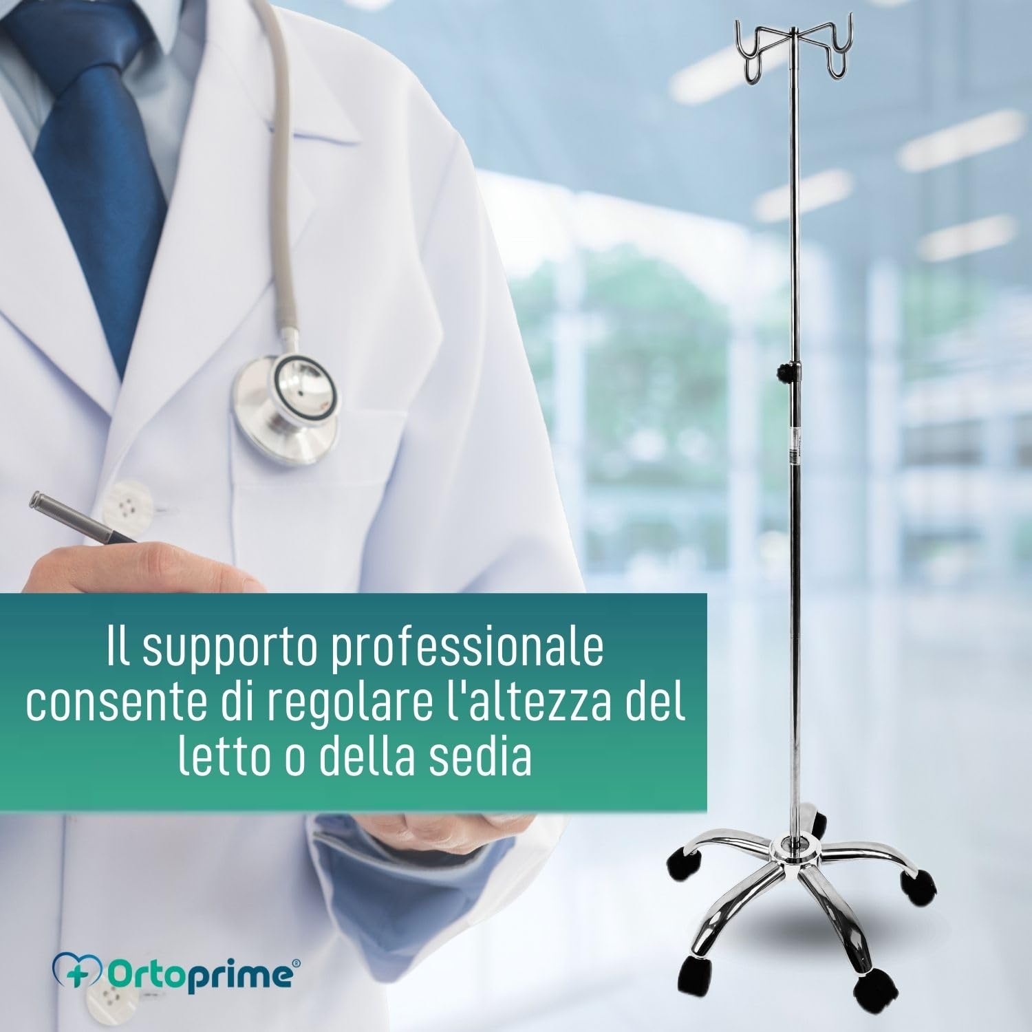OrtoPrime Porta flebo regolabile in acciaio inox – Supporto per flebo con 4 ganci – Porta siero con ruote silenziose – Supporto flebo tripode portatile professionale per uso ospedaliero e domestico