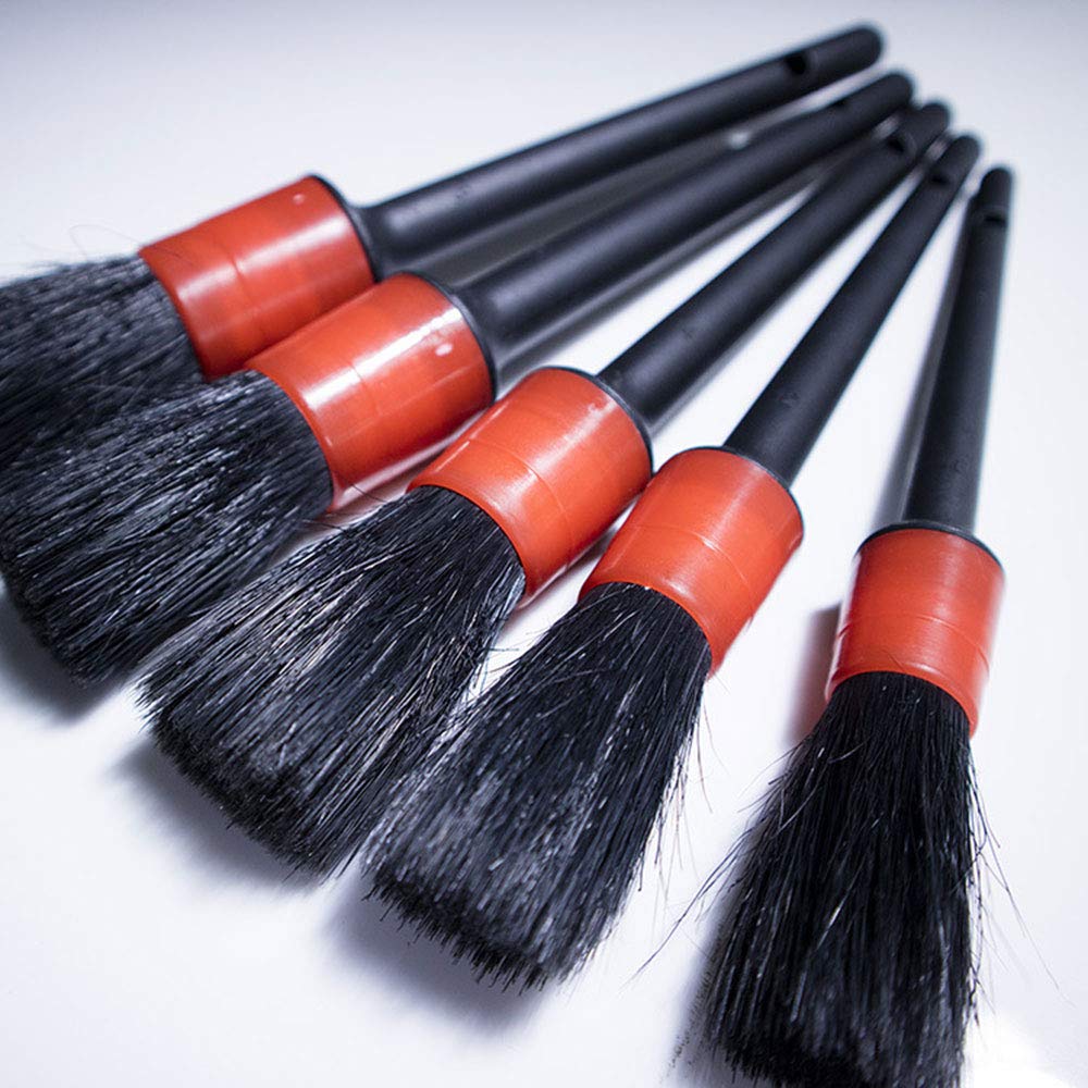 Kit De 5 Brosses Détailing Auto - Poils Doux Et Sanglier Pour Nettoyage Intérieur/Extérieur Voiture - Manche Ergonomique