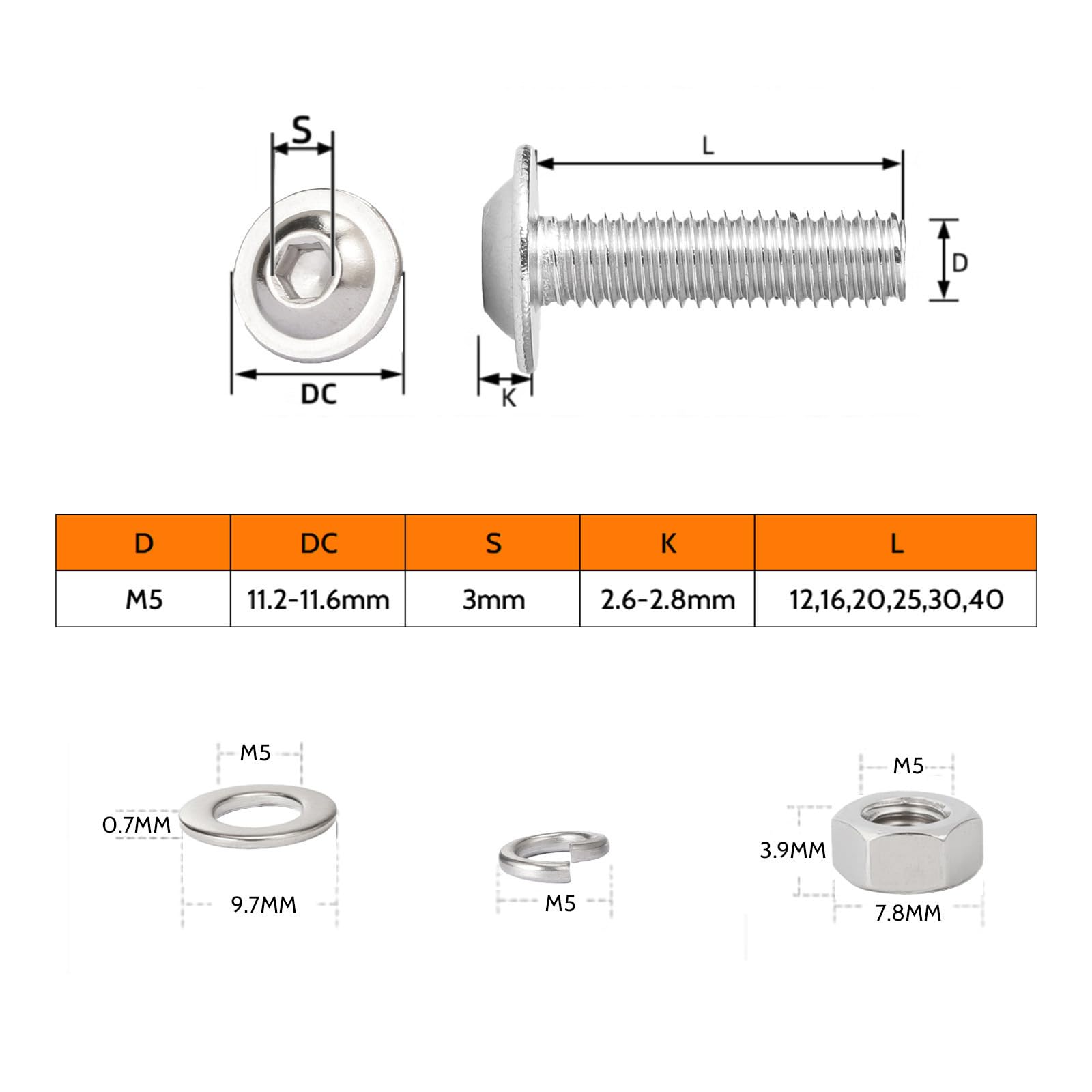 HAISHANG 10 Pcs M5 x 40mm Flanged Button Head Socket Cap Bolts, 304 Stainless Steel Nuts and Bolts Set - Image 2