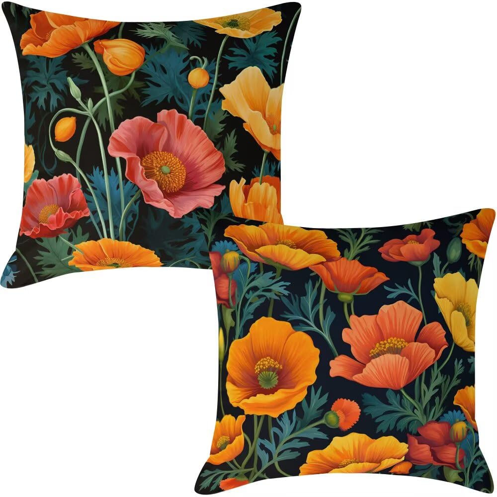 Federe Cuscini Divano 60x60 cm Federe Morbido Copricuscini Primavera in Velluto, 2 Pezzi Copri Cuscini per Divano Fiori Decorativi Federa Cuscino Papavero per Camera da Letto Soggiorno (IU189)