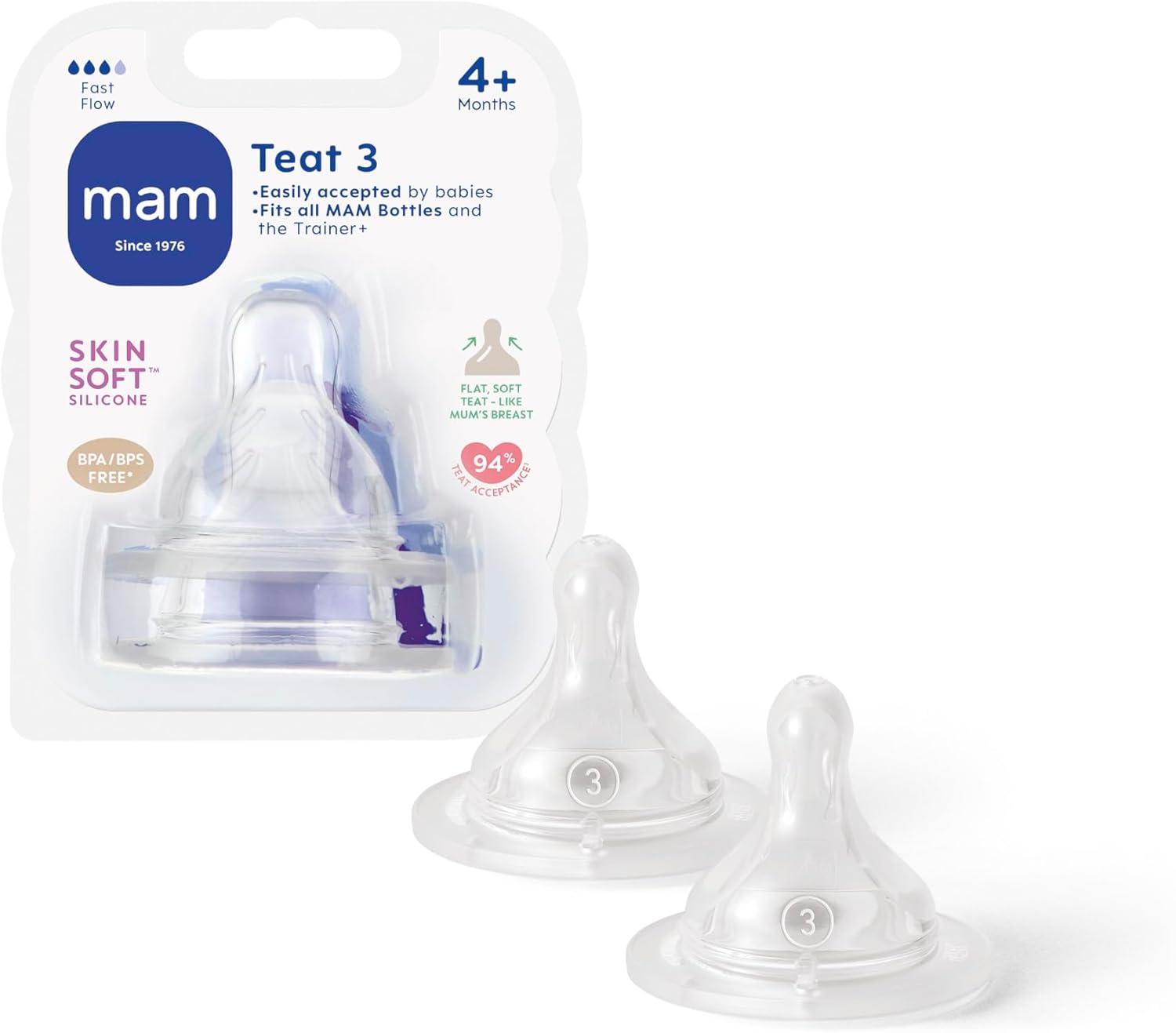 MAM Teats Size 3, Suitable for 4+ Months, MAM Fast Flow Teats with