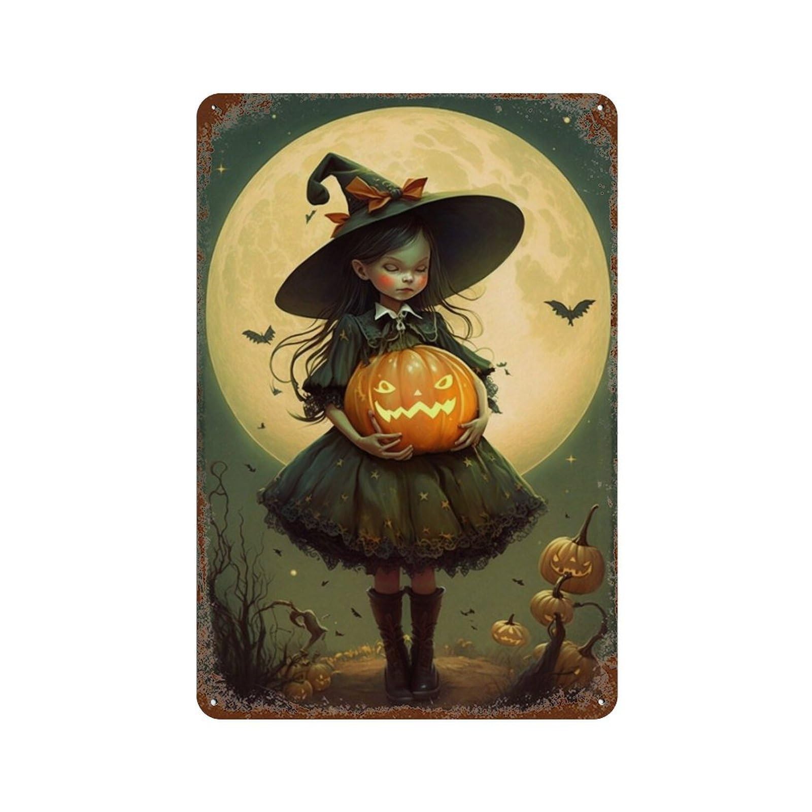 Halloween Witch with Jack-o'-Lantern Retro Metal Sign 11.8"x7.9", Decorative Metal Wall Art for Garage, Bar And Workshop Decor