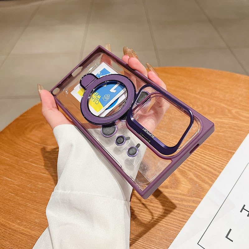 Image of LuxuryKase Magnetic Clear Case for Samsung Galaxy S25 Ultra | Metal Ring Stand | Camera Lens Protector Rings | Shockproof Hard PC Back | MagSafe Compatible | TPU Bumper - Purple