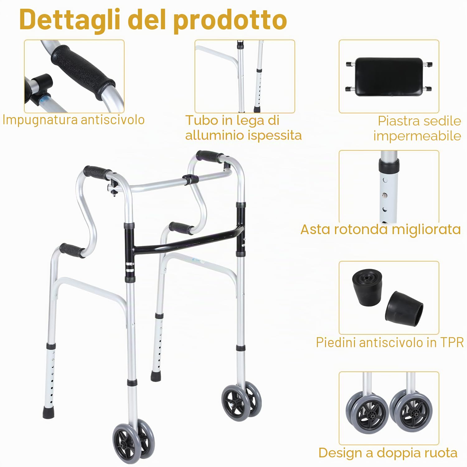 Eulenke Deambulatore pieghevole per anziani, 2 ruote girevoli, supporto camminare, regolabile altezza, alluminio, antiscivolo, stabile, fino a 180 kg, argento