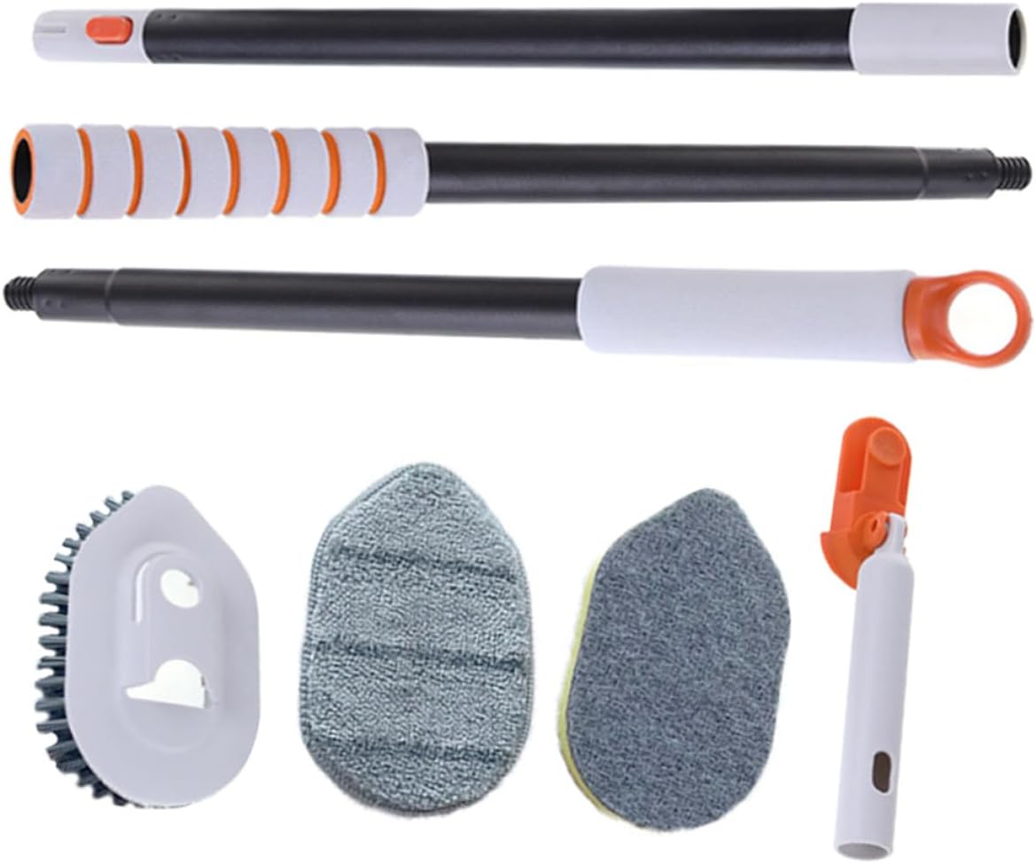 HOMSFOU Floor Brush Scrubber Set with Extendable Handle, Multifunctional Bathroom and Tile Groove Scrub Brush Kit with Hard Bristle and Replacement Pads for Deep Floor Cleaning