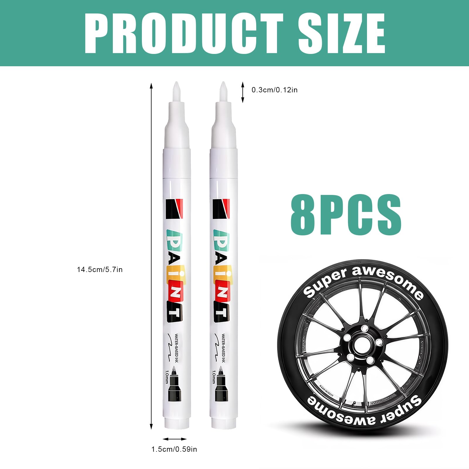 8 pennarelli per pneumatici bianchi, impermeabili, 3 mm, con inchiostro a base d'acqua, ad asciugatura rapida, per pneumatici di auto, moto e bicicletta, nonché gomma, vetro, metallo e plastica