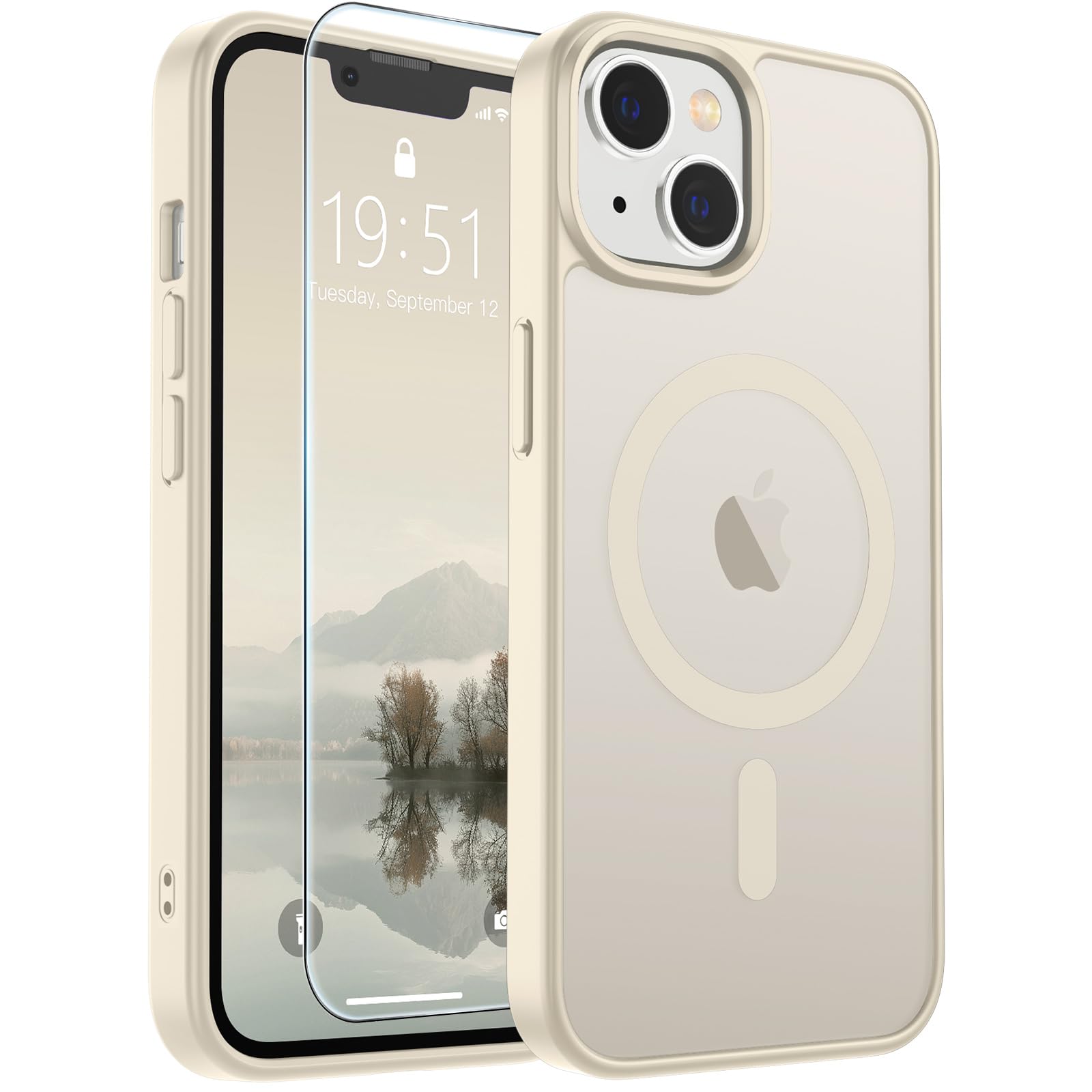 SUPFINE Magnetic for iPhone 14 Plus Case/iPhone 15 Plus Case Antique White | With Screen Protector, Translucent Matte, Compatible with MagSafe, Military Grade Drop Proof, Rugged Shockproof Protective