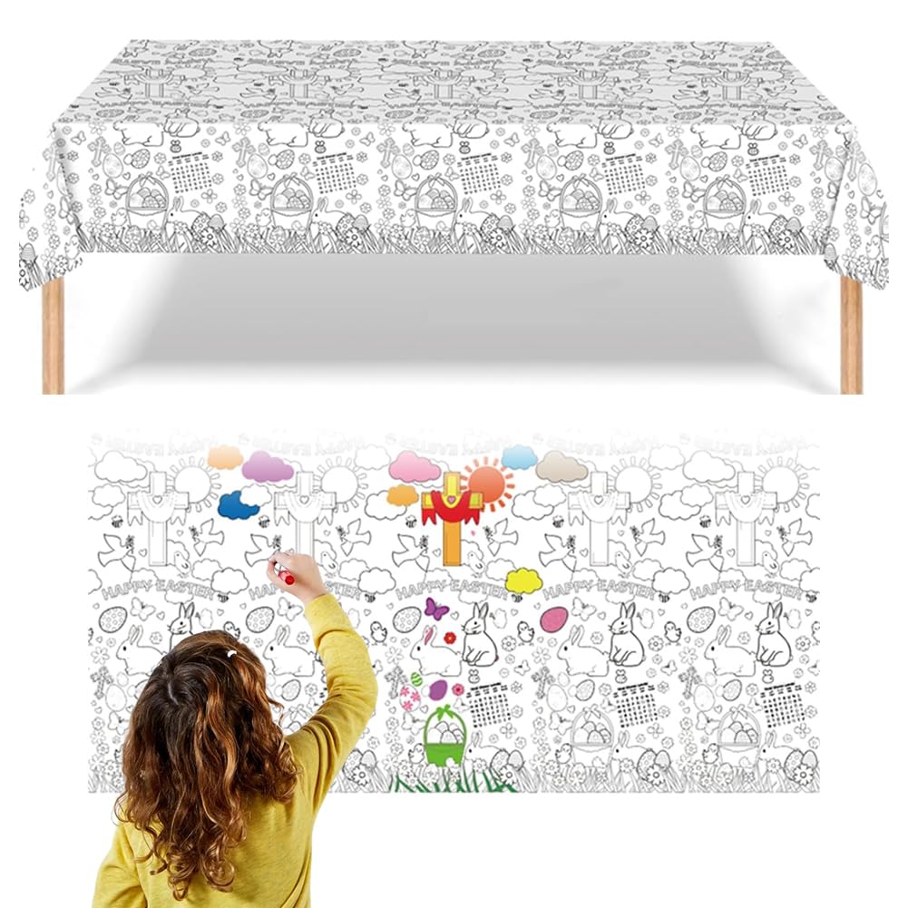 Tovaglia Pasquale Da Colorare Per Bambini, 110x80 Cm, Con 12 Matite, Motivi Di Coniglietti E Uova, Attività Fai Da Te