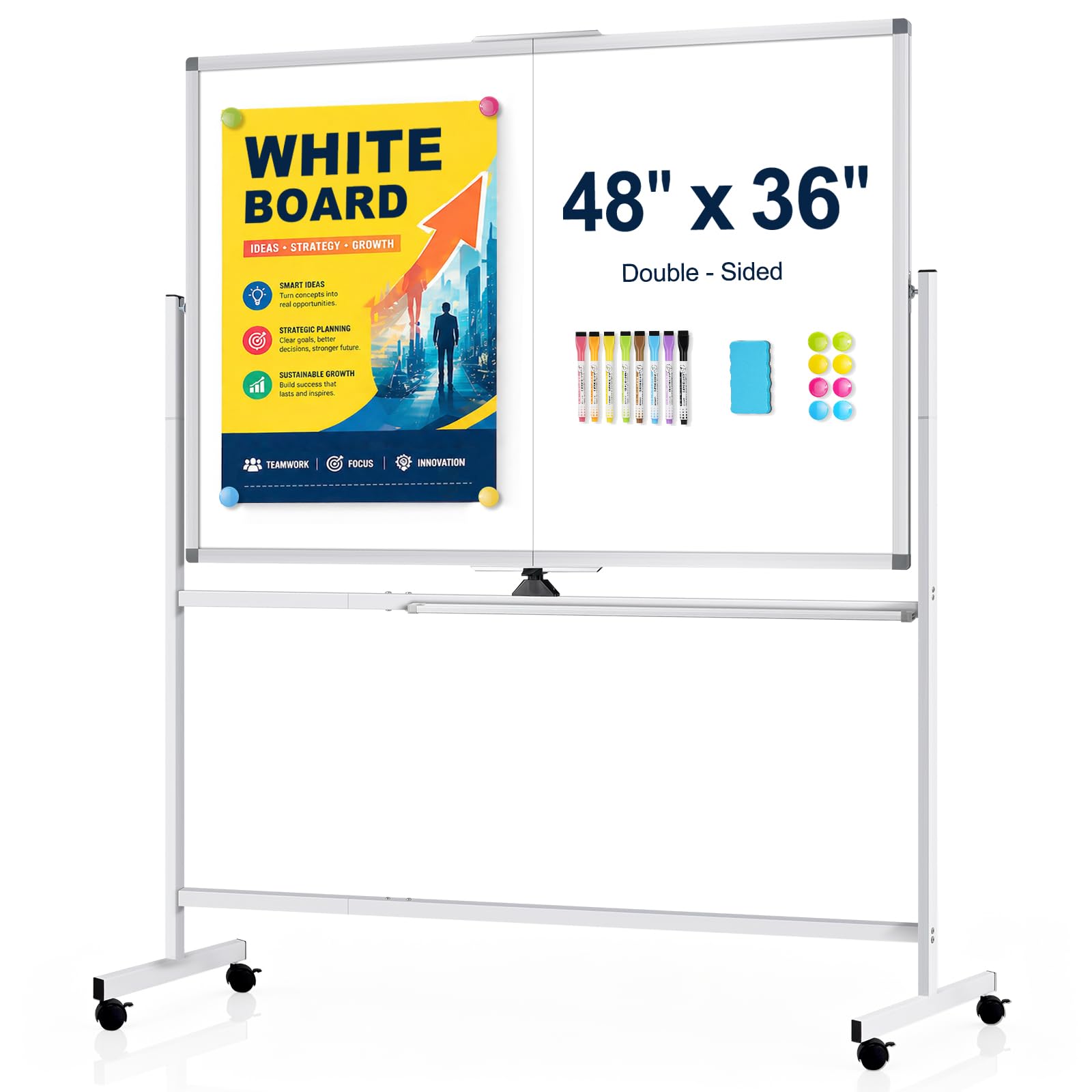 Rolling Whiteboard on Wheels, 48” x 36” Standing Dry Erase Board | 4' x 3' Sturdy Double-Sided Magnetic White Board, Big Mobile Easel Whiteboard Office, Classroom, School
